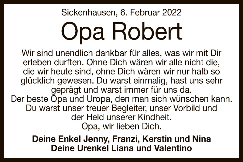  Traueranzeige für Robert Holder vom 12.02.2022 aus Reutlinger General-Anzeiger