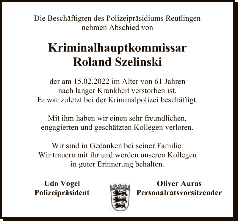  Traueranzeige für Roland Szelinski vom 19.02.2022 aus Reutlinger General-Anzeiger