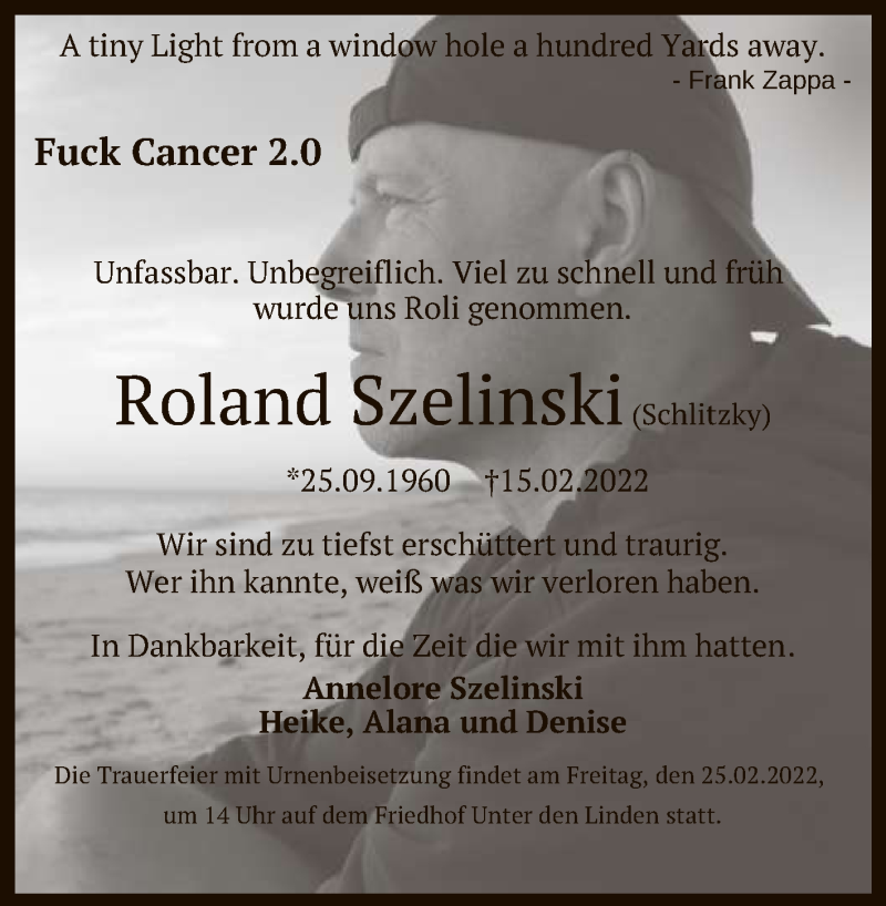  Traueranzeige für Roland Szelinski vom 19.02.2022 aus Reutlinger General-Anzeiger