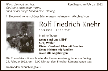 Anzeige von Rolf Friedrich Knehr von Reutlinger General-Anzeiger