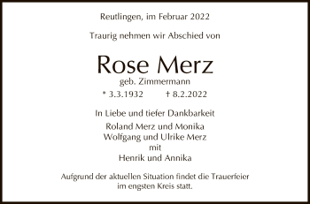 Anzeige von Rose Merz von Reutlinger General-Anzeiger