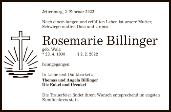 Anzeige von Rosemarie Billinger von Reutlinger General-Anzeiger