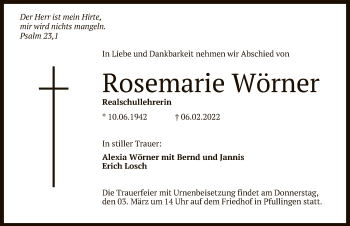 Anzeige von Rosemarie Wörner von Reutlinger General-Anzeiger
