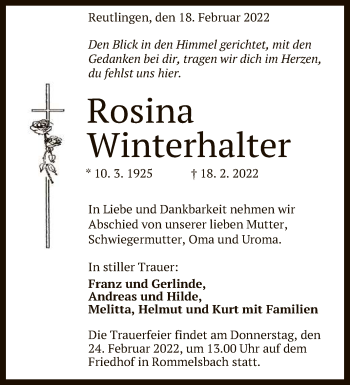 Anzeige von Rosina Winterhalter von Reutlinger General-Anzeiger