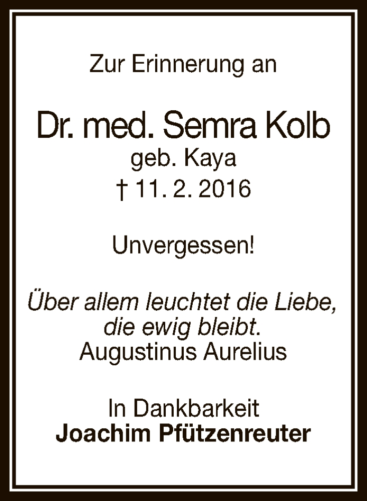  Traueranzeige für Semra Kolb vom 11.02.2022 aus Reutlinger General-Anzeiger
