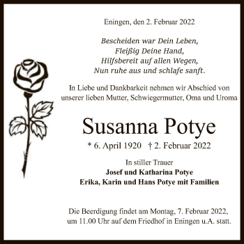 Anzeige von Susanna Potye von Reutlinger General-Anzeiger
