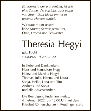 Anzeige von Theresia Hegyi von Reutlinger General-Anzeiger