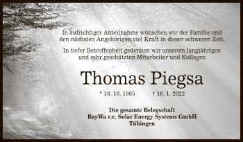 Anzeige von Thomas Piegsa von Reutlinger General-Anzeiger