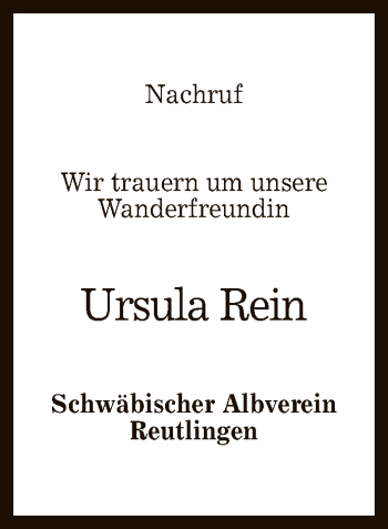 Anzeige von Ursula Rein von Reutlinger General-Anzeiger