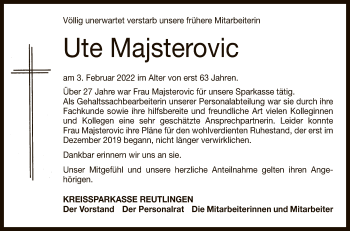 Anzeige von Ute Majsterovic von Reutlinger General-Anzeiger