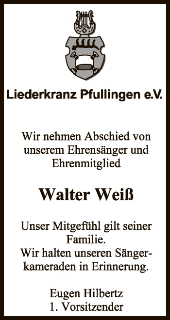 Anzeige von Walter Weiß von Reutlinger General-Anzeiger
