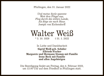 Anzeige von Walter Weiß von Reutlinger General-Anzeiger