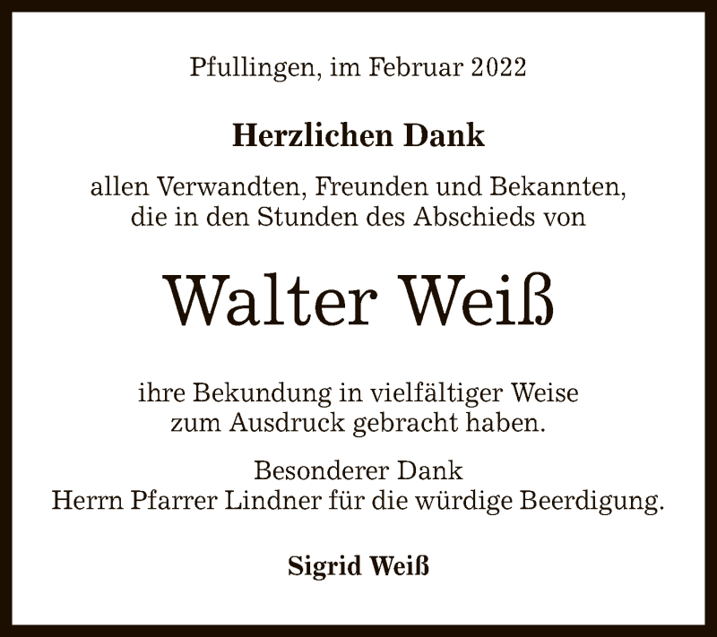  Traueranzeige für Walter Weiß vom 19.02.2022 aus Reutlinger General-Anzeiger