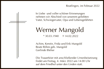 Anzeige von Werner Mangold von Reutlinger General-Anzeiger