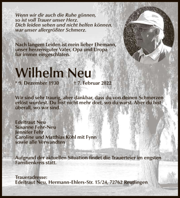 Anzeige von Wilhelm Neu von Reutlinger General-Anzeiger