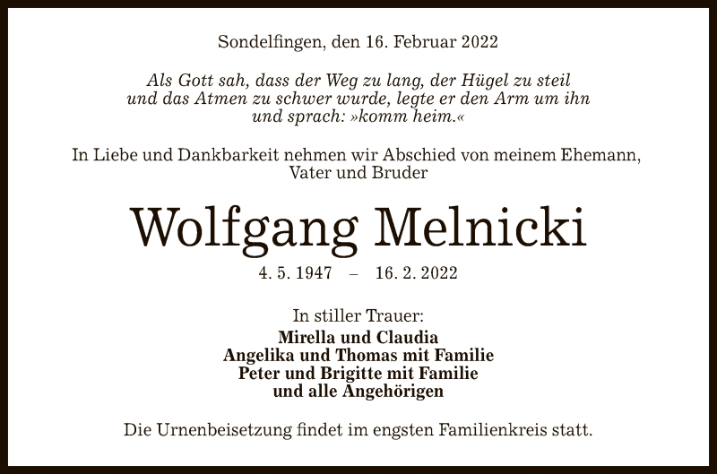 Traueranzeige für Wolfgang Melnicki vom 24.02.2022 aus Reutlinger General-Anzeiger