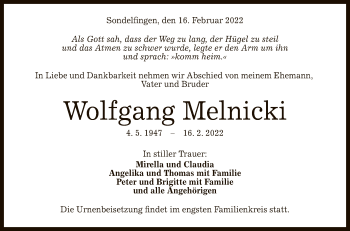 Anzeige von Wolfgang Melnicki von Reutlinger General-Anzeiger