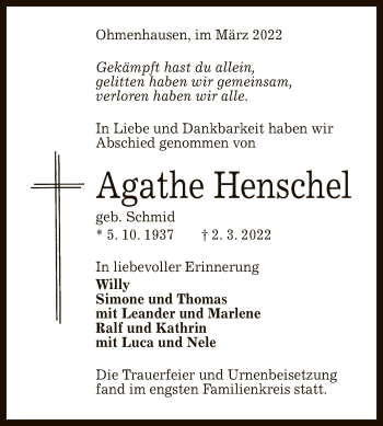 Anzeige von Agathe Henschel von Reutlinger General-Anzeiger