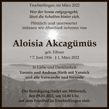 Anzeige von Aloisia Akcagümüs von Reutlinger General-Anzeiger