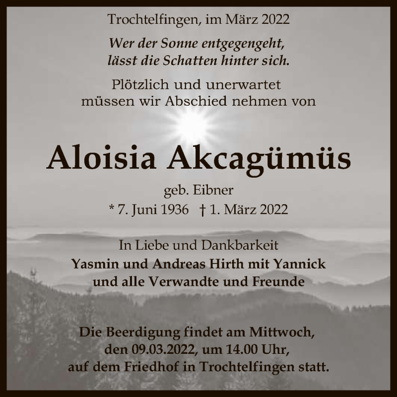  Traueranzeige für Aloisia Akcagümüs vom 04.03.2022 aus Reutlinger General-Anzeiger