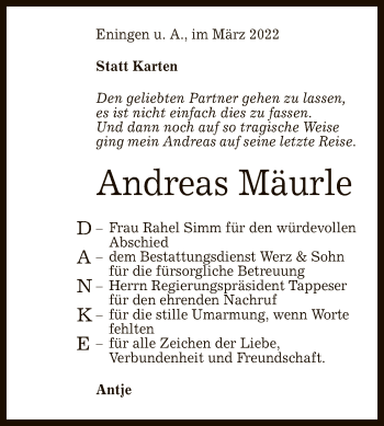 Anzeige von Andreas Mäurle von Reutlinger General-Anzeiger