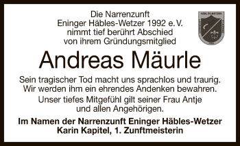 Anzeige von Andreas Mäurle von Reutlinger General-Anzeiger