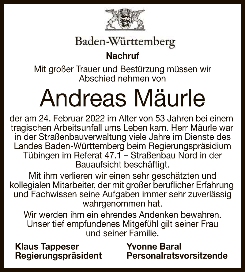  Traueranzeige für Andreas Mäurle vom 05.03.2022 aus Reutlinger General-Anzeiger
