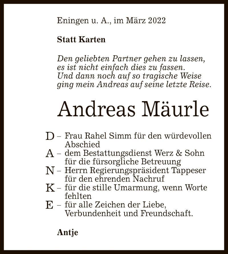  Traueranzeige für Andreas Mäurle vom 19.03.2022 aus Reutlinger General-Anzeiger
