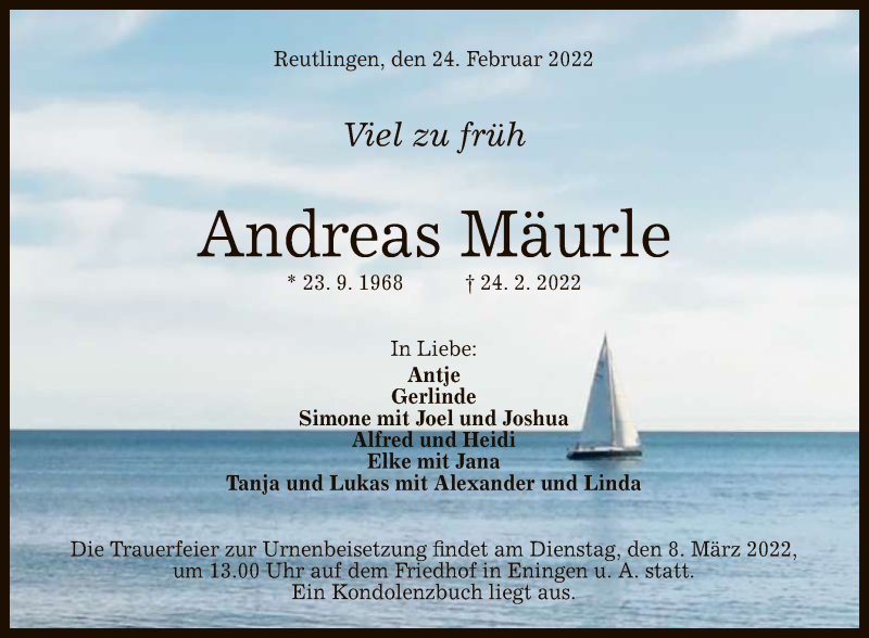  Traueranzeige für Andreas Mäurle vom 05.03.2022 aus Reutlinger General-Anzeiger