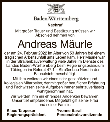 Anzeige von Andreas Mäurle von Reutlinger General-Anzeiger