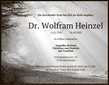 Anzeige von Dr. Wolfram Heinzel von Reutlinger General-Anzeiger