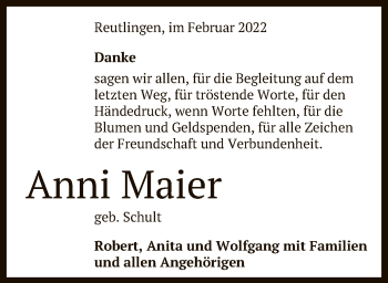 Anzeige von Anni Maier von Reutlinger General-Anzeiger
