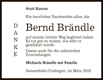 Anzeige von Bernd Brändle von Reutlinger General-Anzeiger