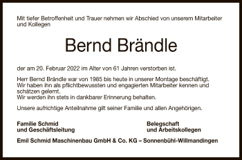 Anzeige von Bernd Brändle von Reutlinger General-Anzeiger