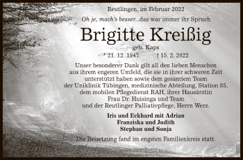 Anzeige von Brigitte Kreißig von Reutlinger General-Anzeiger