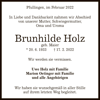 Anzeige von Brunhilde Holz von Reutlinger General-Anzeiger