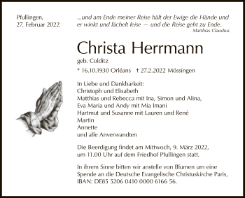 Anzeige von Christa Herrmann von Reutlinger General-Anzeiger