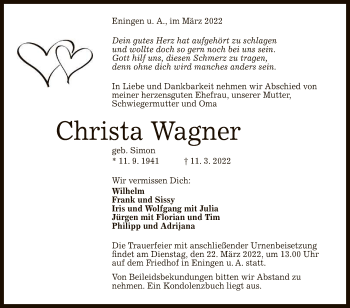 Anzeige von Christa Wagner von Reutlinger General-Anzeiger