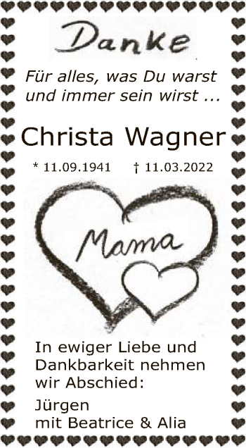 Anzeige von Christa Wagner von Reutlinger General-Anzeiger