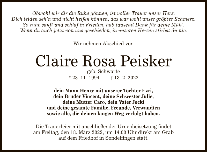  Traueranzeige für Claire Rosa Peisker vom 12.03.2022 aus Reutlinger General-Anzeiger