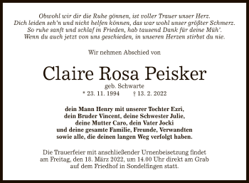 Anzeige von Claire Rosa Peisker von Reutlinger General-Anzeiger