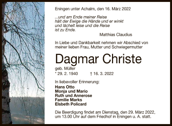 Anzeige von Dagmar Christe von Reutlinger General-Anzeiger
