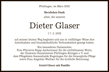 Anzeige von Dieter Glaser von Reutlinger General-Anzeiger