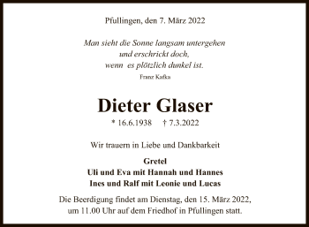 Anzeige von Dieter Glaser von Reutlinger General-Anzeiger