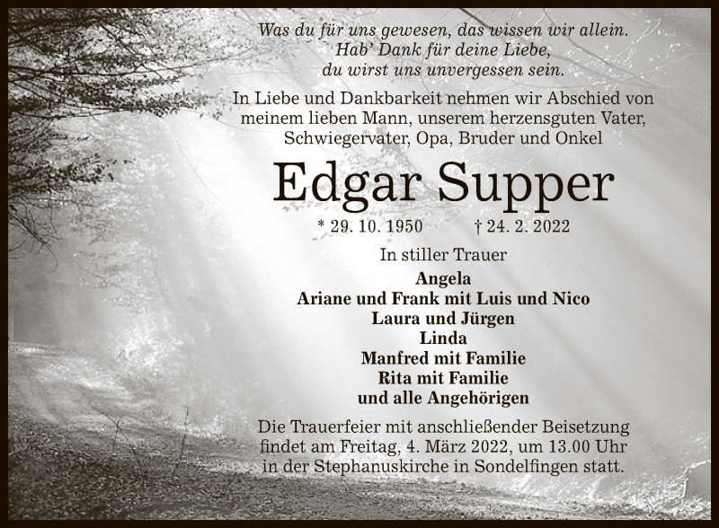  Traueranzeige für Edgar Supper vom 01.03.2022 aus Reutlinger General-Anzeiger