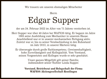 Anzeige von Edgar Supper von Reutlinger General-Anzeiger