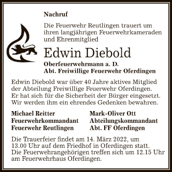 Anzeige von Edwin Diebold von Reutlinger General-Anzeiger