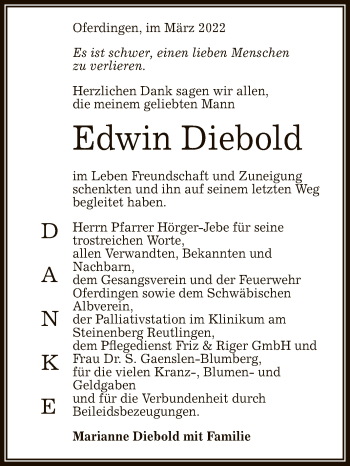 Anzeige von Edwin Diebold von Reutlinger General-Anzeiger