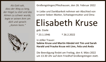 Anzeige von Elisabeth Kruse von Reutlinger General-Anzeiger