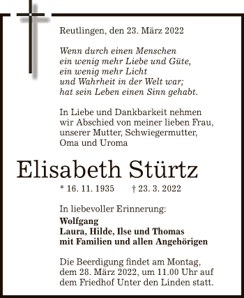 Anzeige von Elisabeth Stürtz von Reutlinger General-Anzeiger